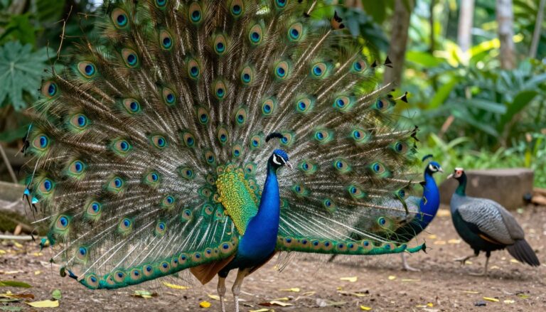 The majestic Sri Lankan peacock spreading its vibrant feathers in the wild